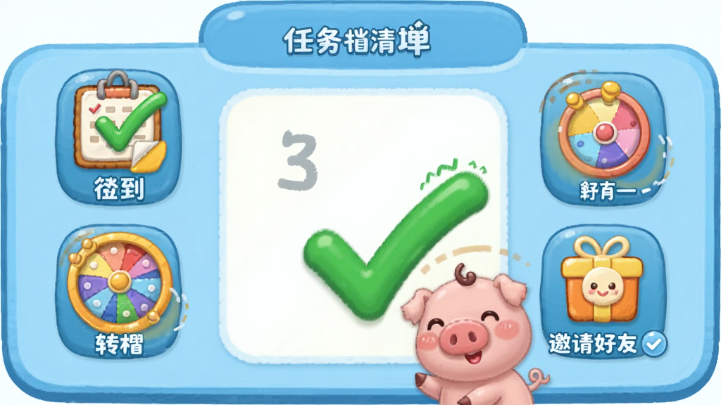 画面展示一个卡通任务清单面板,上面有签到、转盘、邀请好友等图标,一只小猪正在打勾完成任务,布局为居中面板式排版,风格为清新卡通,细节上任务图标色彩鲜艳、勾选动画感强,画质高清,干净无多余元素