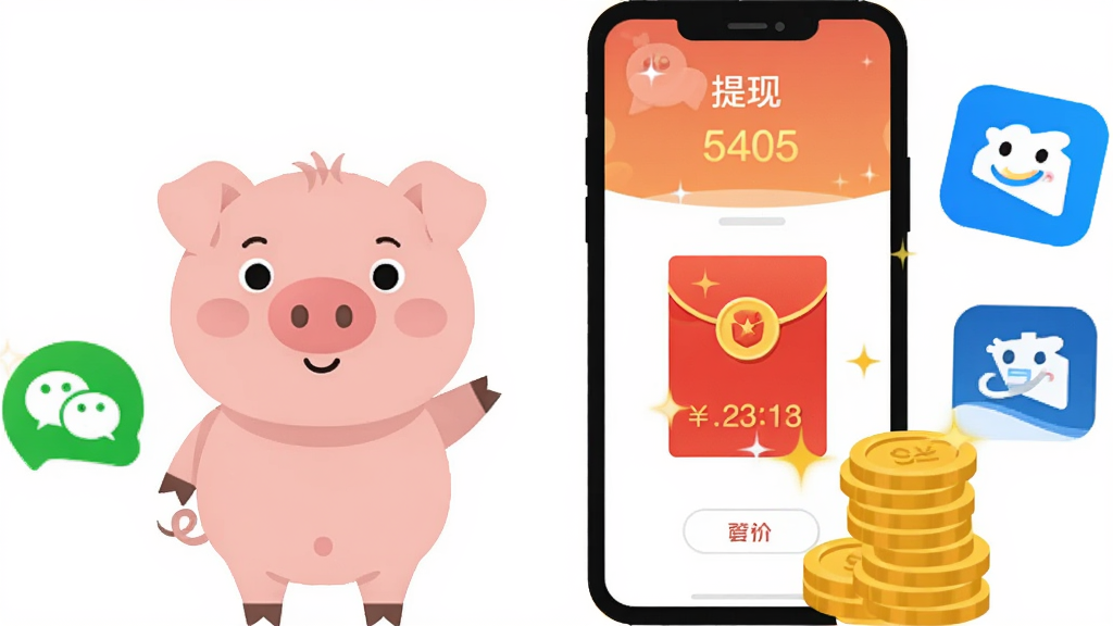 一只卡通小猪站在手机屏幕旁,屏幕上显示红包提现界面和金币数字,周围有微信和支付宝的图标漂浮,布局为左右分栏左侧小猪右侧手机,排版清晰,风格为卡通扁平风,细节上红包有闪光效果、金币堆叠,画质高清,干净无多余元素