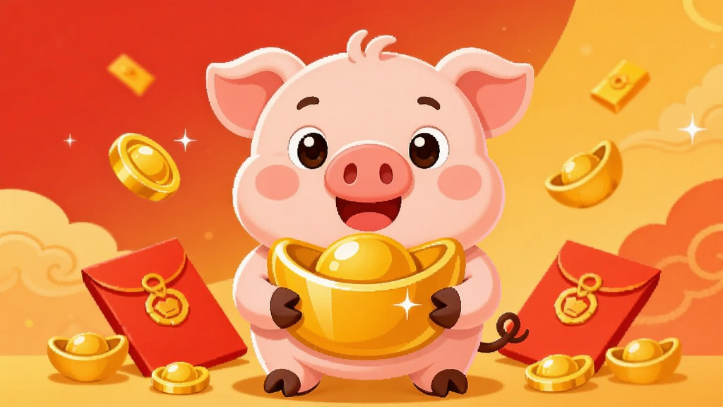 画面中央是一只可爱的卡通小猪捧着金元宝,周围散落着金币和红包,背景是喜庆的红色与金色渐变,布局采用居中对称构图,排版简洁明快,风格为Q版扁平插画,细节上小猪表情开心、元宝有光泽感,画质高清,干净无多余元素