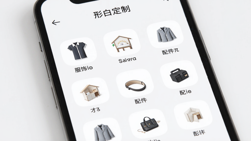 一款名为形白定制的手机应用界面展示图,画面中手机屏幕显示多个定制分类图标,包括服饰、家居、配件等,图标排列整齐,背景为柔和白色,风格清新,细节精致,画质干净,无多余元素