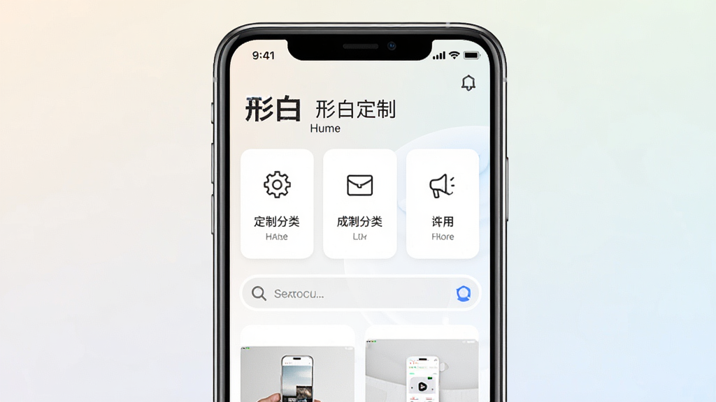 一张展示形白定制软件界面的手机截图,画面中央是一部智能手机,屏幕上显示形白定制的首页,包含定制分类入口和搜索栏,背景为浅色渐变,风格简洁现代,细节清晰,画质干净,无多余元素