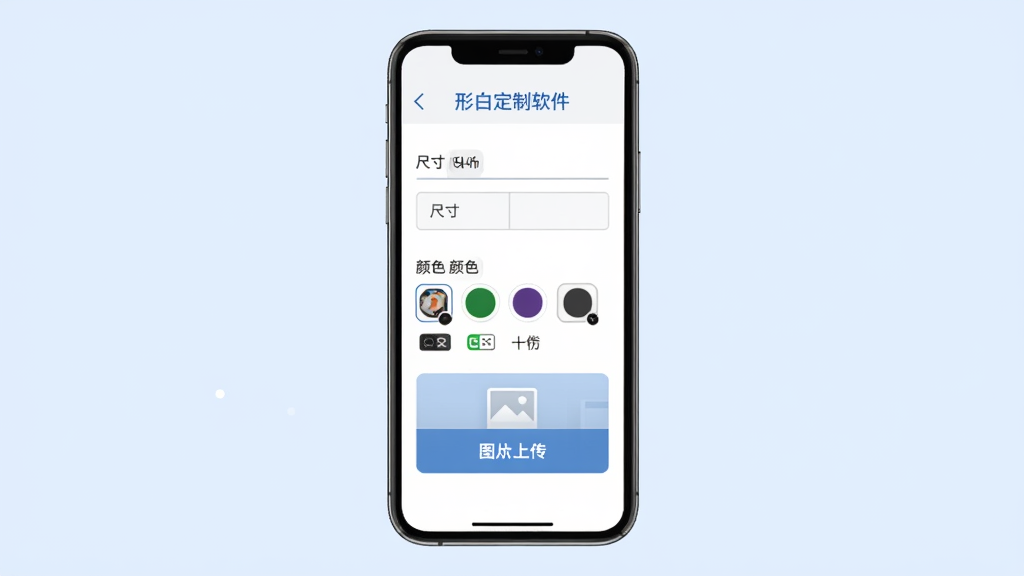 形白定制软件的需求提交页面示意图,画面中手机屏幕显示一个表单,包含尺寸输入框、颜色选择器和图片上传按钮,界面简洁,背景为淡蓝色,风格商务,细节清晰,画质干净,无多余元素