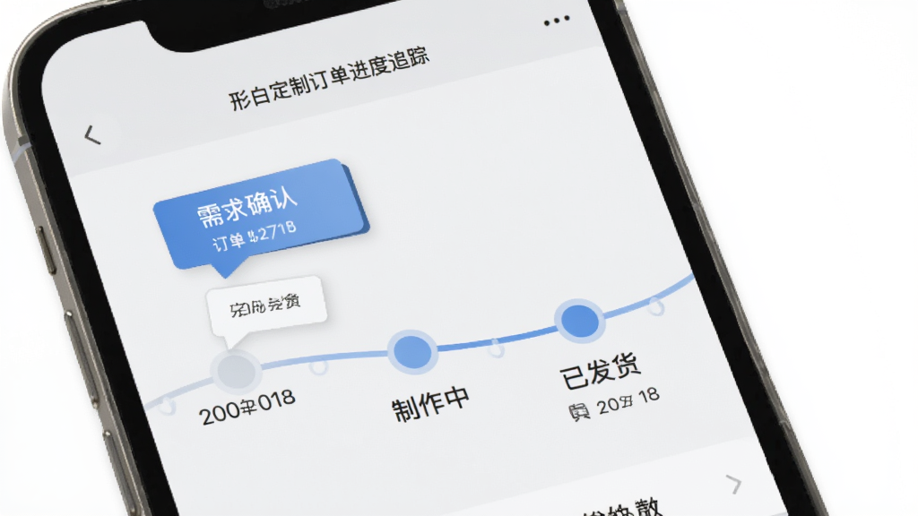 形白定制订单进度追踪界面图,手机屏幕显示订单状态时间轴,包含需求确认、制作中、已发货等节点,界面配色为浅灰色与蓝色搭配,风格简约,细节清晰,画质干净,无多余元素