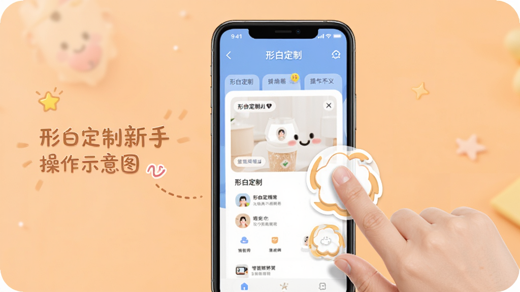 形白定制新手操作示意图,画面中一部手机显示形白定制界面,旁边有手指点击屏幕的动画效果,背景为浅橙色,风格友好,细节清晰,画质干净,无多余元素