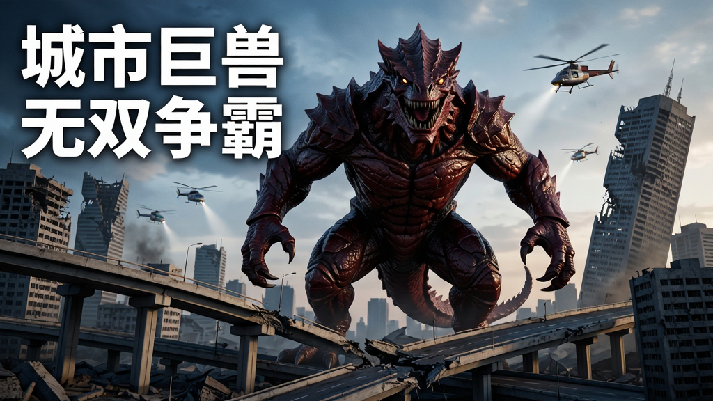 画面中央一只身披暗红色鳞甲的巨型怪兽立于现代都市废墟之上,脚下是断裂的立交桥与倾斜的摩天大楼,远处有直升机盘旋,画面左上角用粗体白色文字写着“城市巨兽无双争霸”,整体采用写实CG风格,冷暖对比强烈,细节丰富,画质清晰,画面干净无多余元素