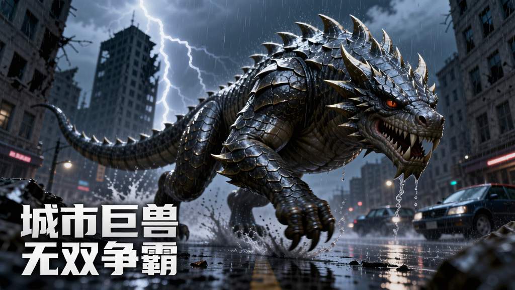 一只巨兽在暴雨中的城市街道上奔跑,雨水打在鳞甲上溅起水花,远处闪电照亮了被破坏的大楼轮廓,画面左下角有“城市巨兽无双争霸”字样,写实风格,雨天氛围浓厚,细节丰富,画质清晰,画面干净无多余元素