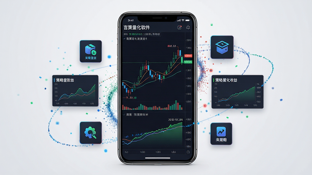 一张展示言策量化软件界面的手机预览图,画面中央是一部竖屏智能手机,屏幕上显示着K线图表与策略回测收益曲线,图表以深色背景搭配蓝绿红配色,手机周围环绕着数据粒子与策略模块图标,背景为干净的浅灰色渐变,整体风格科技感强,细节清晰,画质锐利,无多余元素