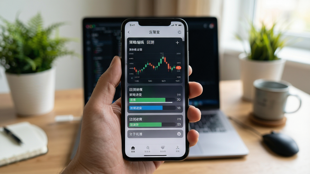 言策量化手机端操作示意图,画面中一只手拿着手机,屏幕上显示策略编辑与回测进度条,背景为居家办公桌面,有绿植点缀,风格生活化,画质清晰,无多余元素