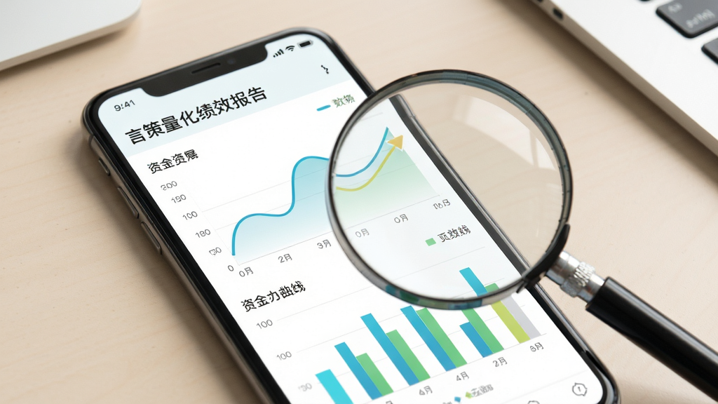 言策量化绩效报告页面展示图,手机屏幕显示资金曲线与柱状图,图表配色清新,画面中有放大镜观察数据的视觉元素,背景为浅色办公桌面,风格简洁商务,画质高清,无杂乱元素