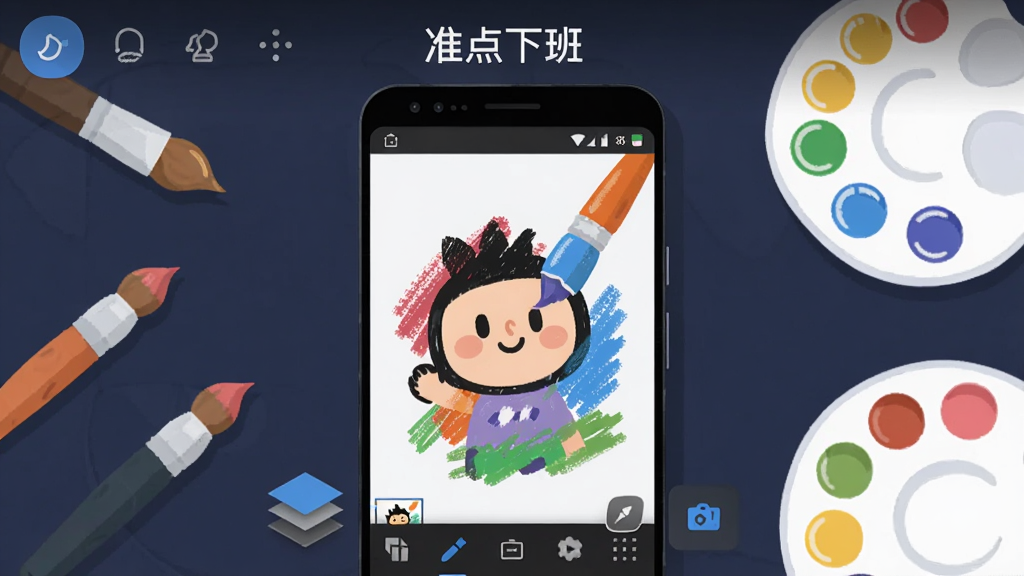 准点下班画板手机绘图界面展示,主体为一部安卓手机屏幕中显示彩色画笔绘制卡通图案,布局为手机居中放置,周围散落画笔图标与调色盘元素,排版采用上下结构上方软件名称下方功能图标,风格为扁平化科技插画,细节包括笔触纹理、图层缩略图、工具栏按钮,画质高清干净无多余元素