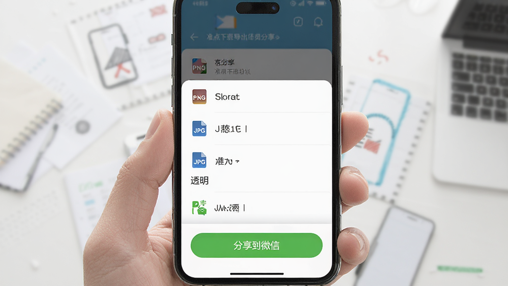 准点下班画板导出分享界面,主体为手机屏幕显示导出格式选项与分享按钮,布局为底部弹窗式菜单,排版采用纵向列表结构,风格为简洁商务风,细节包括PNG图标、JPG图标、透明背景选项、分享到微信按钮,画质高清干净无多余元素