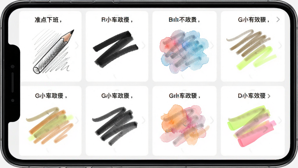 准点下班画板多种笔刷效果展示,主体为手机屏幕中显示不同笔刷绘制的线条样本,布局为网格状排列笔刷名称与对应笔迹,排版采用整齐的矩阵式布局,风格为手绘风与UI结合,细节包括铅笔纹理、马克笔粗线、水彩晕染、荧光笔半透明效果,画质高清干净无多余元素