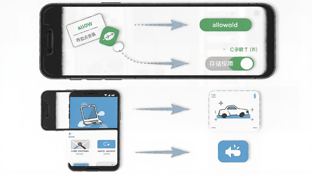 准点下班画板新手安装设置流程图,主体为手机屏幕显示权限开启与安装界面,布局为纵向步骤排列共四步,排版采用从上到下流程式布局,风格为扁平化教程插画,细节包括允许安装按钮、存储权限开关、画布创建界面、导出保存图标,画质高清干净无多余元素