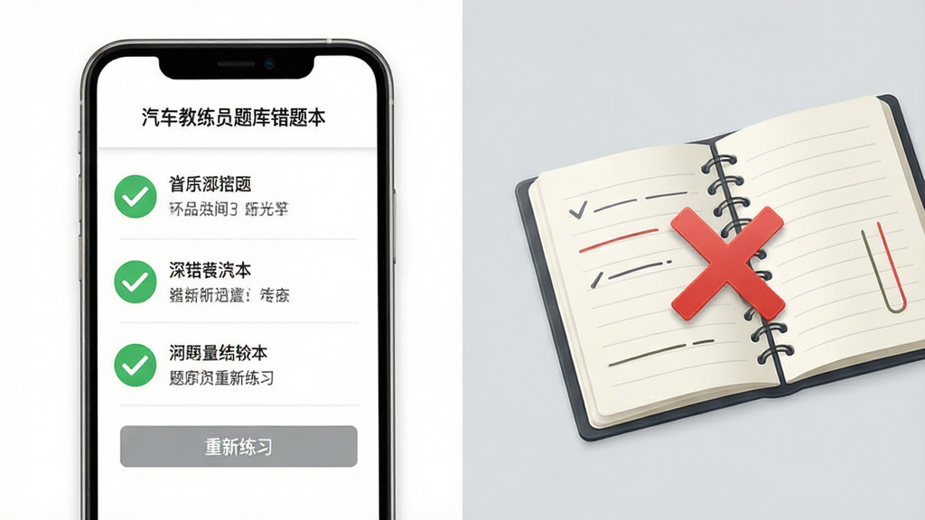 汽车教练员题库错题本功能界面,手机屏幕展示错题列表与重新练习按钮,画面右侧有一本翻开的笔记本与红色叉号图标,左侧有绿色对勾图标,背景为白色与浅灰色拼接,布局左中右三分,风格清新浅色,细节精致,画质高清,干净,无多余元素