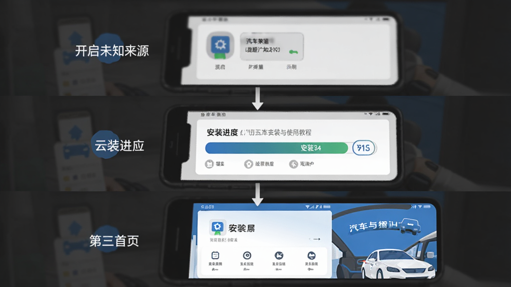 汽车教练员题库安装与使用教程示意图,画面分为三个步骤,第一步手机设置界面开启未知来源,第二步安装进度条,第三步软件首页展示,布局从上到下依次排列,风格扁平化图标设计,细节清晰,画质高清,干净,无多余元素