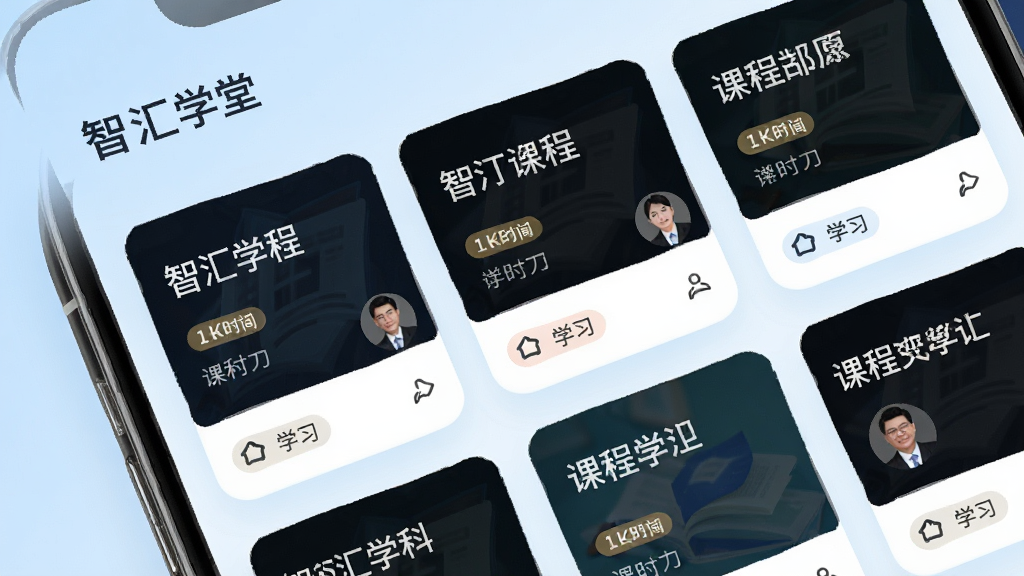 智汇学堂课程资源库界面,画面展示手机屏幕中排列整齐的课程封面卡片,每张卡片标注学科名称与讲师头像,背景为柔和的浅蓝色渐变,布局采用网格排版,风格清新现代,细节包括课程时长标签与学习人数图标,文字标注