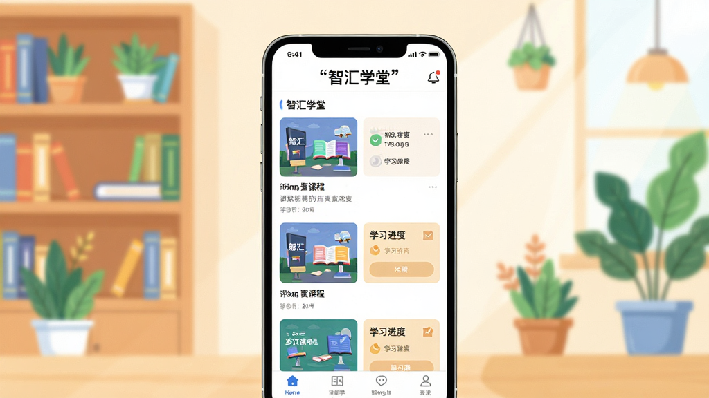 智汇学堂在线教育平台主界面展示,画面中央是一台智能手机,屏幕显示智汇学堂APP首页课程列表与学习进度卡片,背景为明亮的学习场景,书架与绿植点缀,布局清晰,采用扁平化插画风格,细节丰富,文字使用引号标注