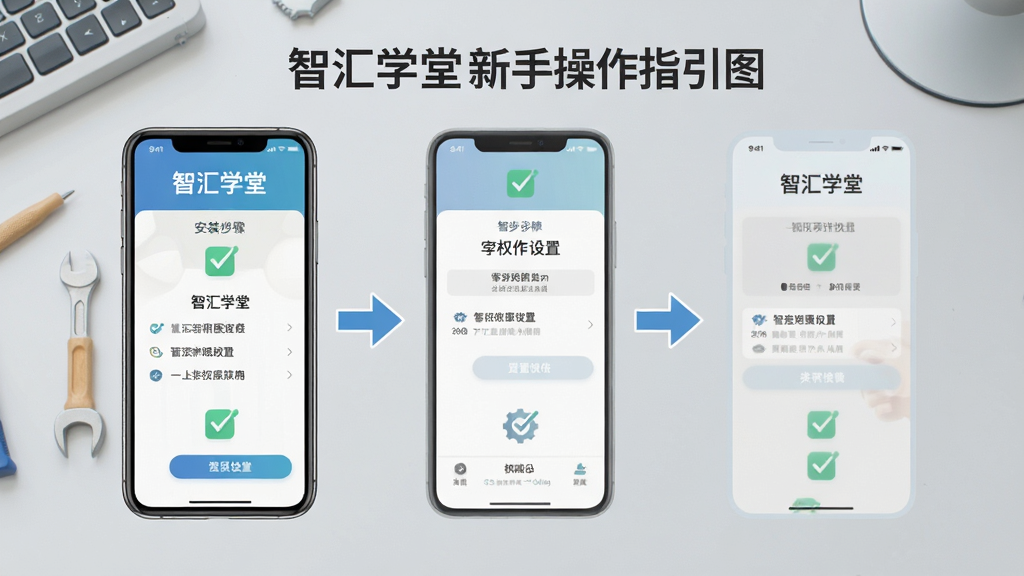 智汇学堂新手操作指引图,画面展示手机屏幕中安装步骤与权限设置界面,背景为简洁的灰色工作台,布局采用分步流程图排版,风格扁平化设计,细节包括勾选图标与箭头指示,文字标注