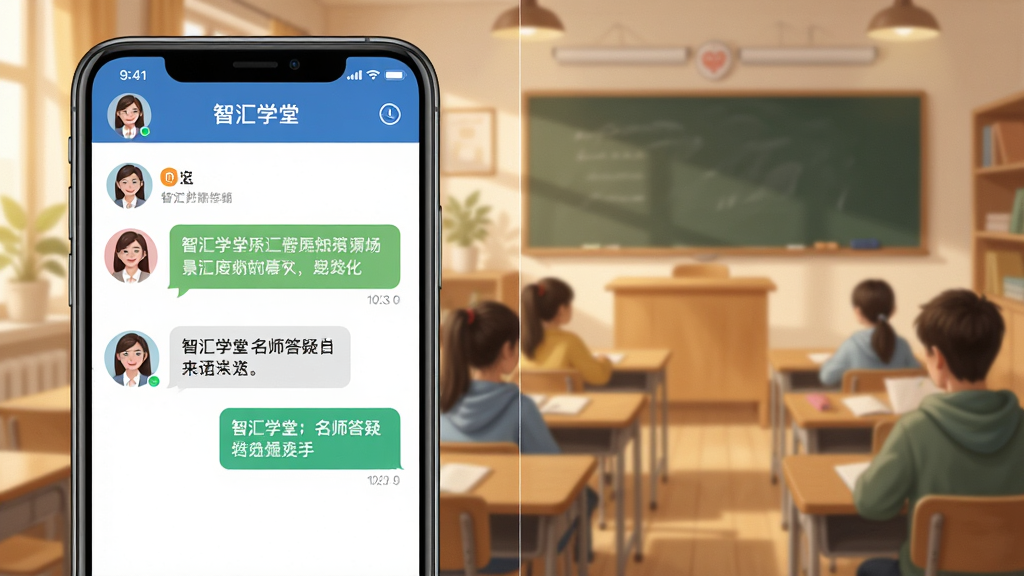 智汇学堂名师答疑场景,画面展示手机屏幕中师生对话界面与直播课堂画面,背景为温馨的教室环境,布局左右分栏,风格写实插画,细节包括讲师头像与消息气泡,文字标注