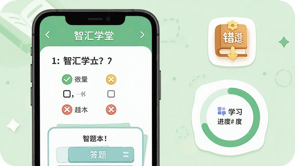 智汇学堂互动练习界面,手机屏幕显示一道选择题与答题卡,旁边有错题本图标与学习进度环,背景为淡绿色学习氛围,布局简洁明了,风格卡通扁平化,细节包括对勾与叉号标记,文字标注