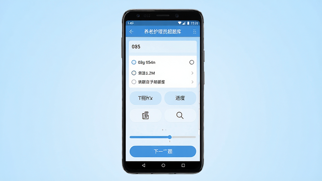 养老护理员超题库手机APP界面展示,主体为一部竖屏安卓手机,屏幕中显示题库练习页面,包含单选题选项与答题卡进度条,布局居中,背景为浅蓝色渐变,风格简洁清新,细节包含顶部标题栏、题目序号、四个选项按钮与底部下一题按钮,画质高清,干净,无多余元素