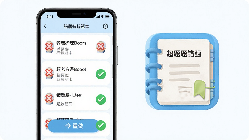养老护理员超题库智能错题本功能展示,手机屏幕中显示错题列表与重做按钮,主体为手机与错题本图标,布局为左右分栏,风格为清新教育风,细节包含红色叉号、绿色对勾、笔记本书签,画质高清,干净,无多余元素