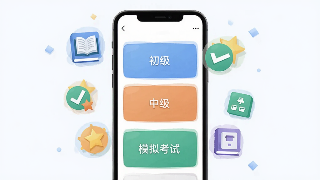 养老护理员超题库海量题库界面,手机屏幕中显示多个题库分类卡片,卡片上标注初级、中级、高级、模拟考试等文字,主体为手机与漂浮的题库图标,布局为居中展示,风格为扁平化插画,细节包含书本、对勾、星星等元素,画质清晰,干净,无多余元素