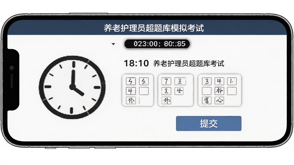 养老护理员超题库模拟考试界面,手机横屏显示考试计时器、答题卡与题目区域,主体为手机与时钟图标,布局为居中,风格为严肃考试风,细节包含倒计时数字、答题卡方格、提交按钮,画质清晰,干净,无多余元素