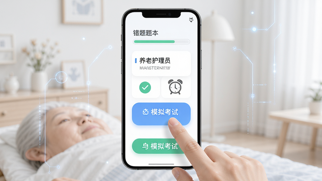 养老护理员超题库使用技巧示意图,手机屏幕显示错题本与模拟考试按钮,主体为手机与手指点击动作,布局为居中,风格为简约科技风,细节包含进度条、对勾、时钟、书本,画质高清,干净,无多余元素