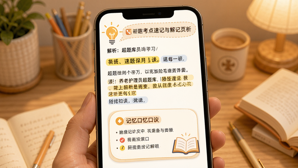养老护理员超题库考点速记与解析页面,手机屏幕中显示题目解析文字与记忆口诀卡片,主体为手机与灯泡图标,布局为上下结构,风格为温暖学习风,细节包含高亮文字、小贴士图标、书本,画质高清,干净,无多余元素