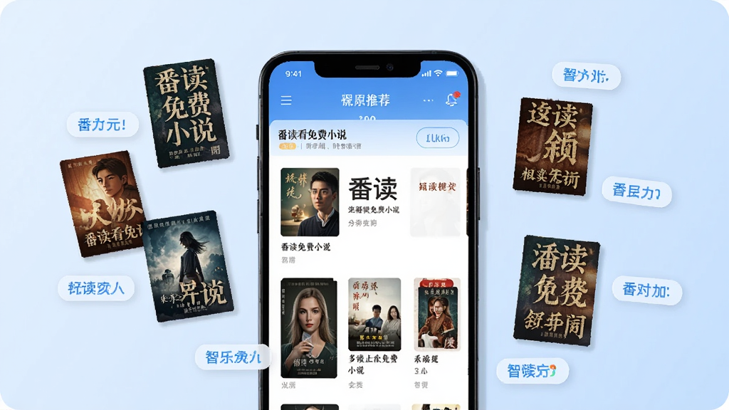 一幅展示手机应用智能推荐界面的示意图,画面中一部手机屏幕显示“番读看免费小说”的推荐页面,周围漂浮着各种小说封面和分类标签,背景是淡蓝色渐变,风格科技感与阅读感结合,细节清晰,画质干净