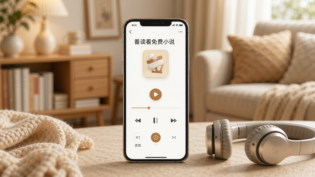 一张展示手机听书功能的场景图,画面中手机屏幕显示“番读看免费小说”的听书播放界面,有播放按钮和音色选择,手机旁边放着一副耳机,背景是温馨的居家环境,风格柔和舒适,画质细腻干净