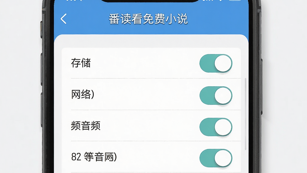 一张展示手机应用权限设置界面的截图风格插画,画面中手机屏幕显示“番读看免费小说”的权限管理页面,有存储、网络、音频等权限开关,背景简洁,风格写实,画质清晰干净