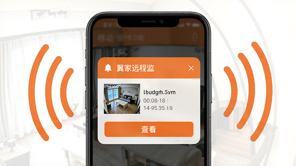 翼家远程监控移动侦测告警功能展示,主体为手机屏幕弹出告警通知卡片,卡片内包含监控画面缩略图与告警时间文字,布局为手机居中、周围环绕信号波纹图标,排版上下分层,风格为警示橙与深灰搭配,细节包含铃铛图标、时间戳、查看按钮,画质高清,干净,无多余元素