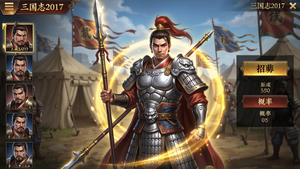 一款三国题材手游的武将招募界面,画面中央为一位身披银色铠甲、手持长枪的英俊武将立绘,武将周围环绕金色光效,背景为古代军营帐篷与战旗,画面左侧为武将列表缩略图竖排展示,右侧为招募按钮与概率说明区域,整体布局采用竖版手机屏幕比例,风格为写实中国古风,细节精致,色调以金、红、蓝为主,画质高清,画面干净,图中文字标注“三国志2017”