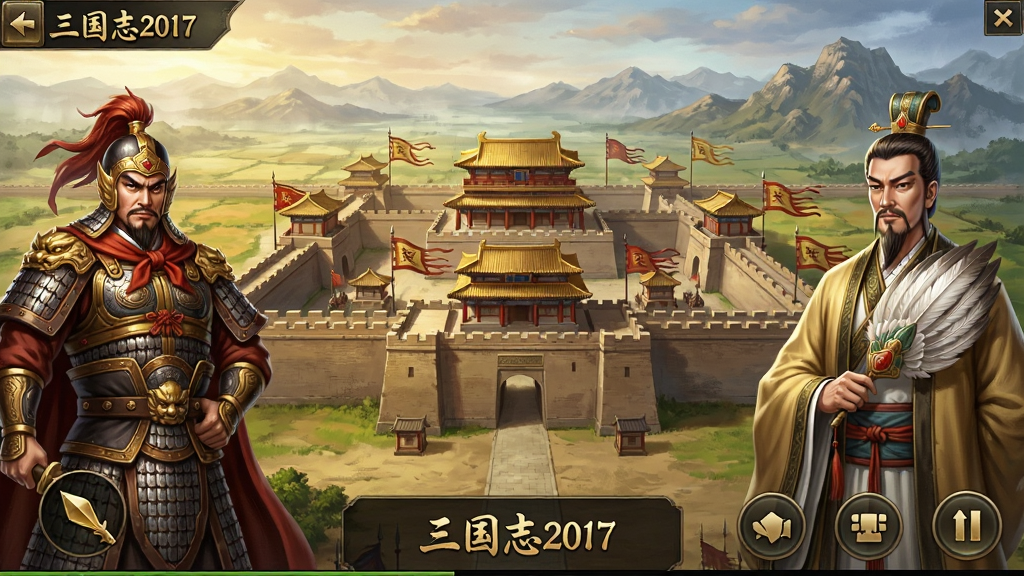一款以三国时代为背景的策略手游主界面全景图,画面中央是宏伟的古代城池建筑群,城墙高耸、旗帜飘扬,城池两侧分布着武将角色立绘,左侧为身披铠甲的威武将军,右侧为手持羽扇的智谋军师,背景为辽阔的中原大地与远山,画面底部有游戏操作按钮区域,整体布局采用横版宽屏构图,风格为写实中国古风,细节刻画精致,色调以金、红、土黄为主,画质高清,画面干净,无多余元素,图中文字标注“三国志2017”