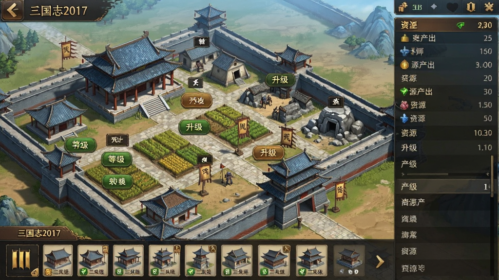 一款三国题材手游的内政经营界面,画面为古代城池俯瞰图,城内分布着大殿、兵营、农田、矿场等建筑,建筑上方有等级标识与升级按钮,画面右侧为资源产出数据面板,底部为建筑列表快捷栏,整体布局采用竖版手机屏幕比例,风格为写实中国古风,细节精致,色调以青灰、土黄、棕红为主,画质高清,画面干净,图中文字标注“三国志2017”