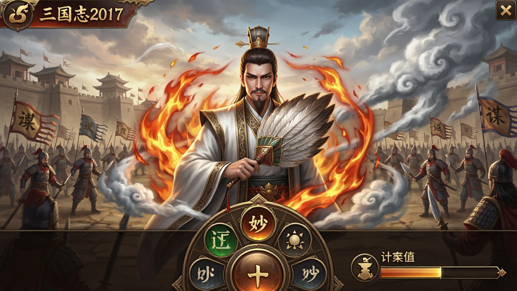 一款三国策略手游的谋略释放界面,画面中央为一位手持羽扇的文士角色正在施展计策,角色周围环绕火焰与风云特效,背景为古代战场与敌军阵列,画面下方为妙计选择轮盘与计策值进度条,整体布局采用竖版手机屏幕比例,风格为写实中国古风,细节华丽,色调以红、橙、金为主,画质高清,画面干净,图中文字标注“三国志2017”