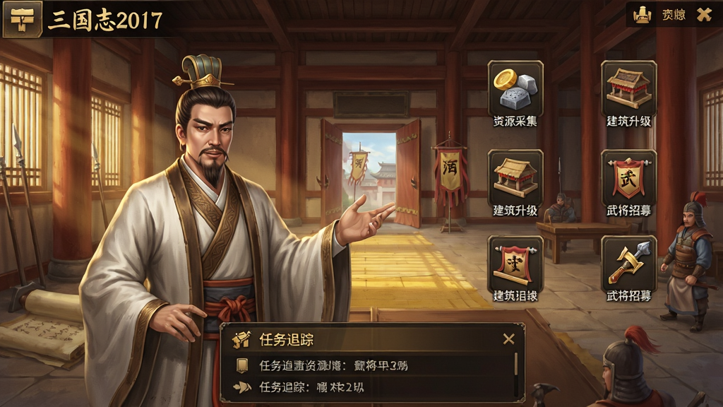 一款三国策略手游的新手引导界面,画面为古代城池内部场景,一位谋士角色正在向玩家讲解操作要点,画面中标注了资源采集、建筑升级、武将招募等图标,底部为任务追踪面板,整体布局采用竖版手机屏幕比例,风格为写实中国古风,细节清晰,色调以暖黄、棕红为主,画质高清,画面干净,图中文字标注“三国志2017”