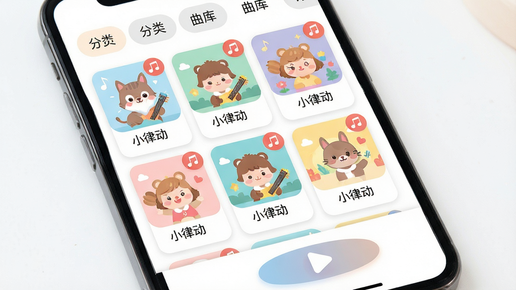 小律动软件曲库界面展示图,画面主体为手机屏幕,屏幕内呈现整齐排列的儿歌封面卡片,每张卡片带有卡通插图与曲名文字“小律动”,布局采用网格排版,上方有分类标签栏,下方有播放按钮,风格为扁平化设计,色彩柔和,细节包含圆角卡片、音符角标、选中高亮效果,画质清晰,画面干净,无多余元素。