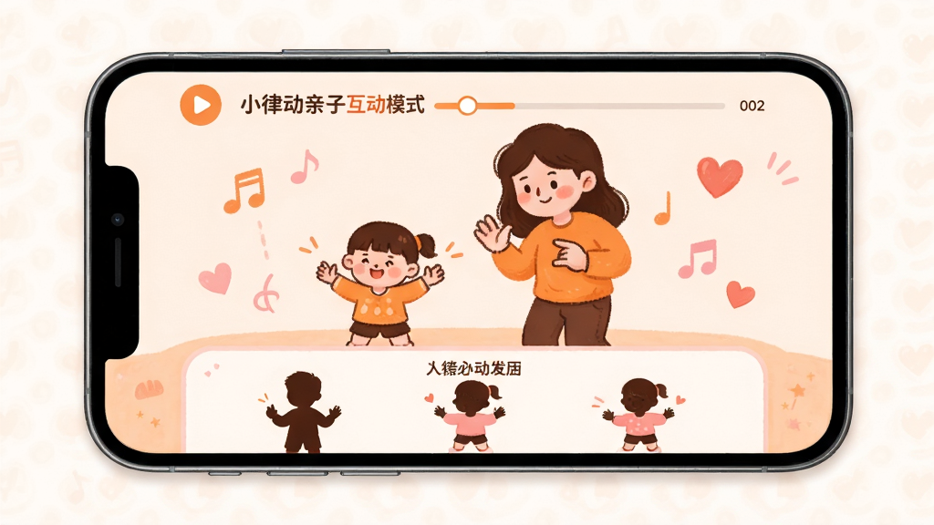 小律动亲子互动模式界面图,画面主体为手机屏幕,屏幕内显示家长与孩子一起做手势舞的卡通场景,布局为上下结构,上方为曲名和播放进度,下方为动作提示区,风格为温馨插画风,色彩以暖橙、浅粉为主,细节包括人物剪影、音符飘动、爱心装饰,画质高清,画面干净,无多余元素。