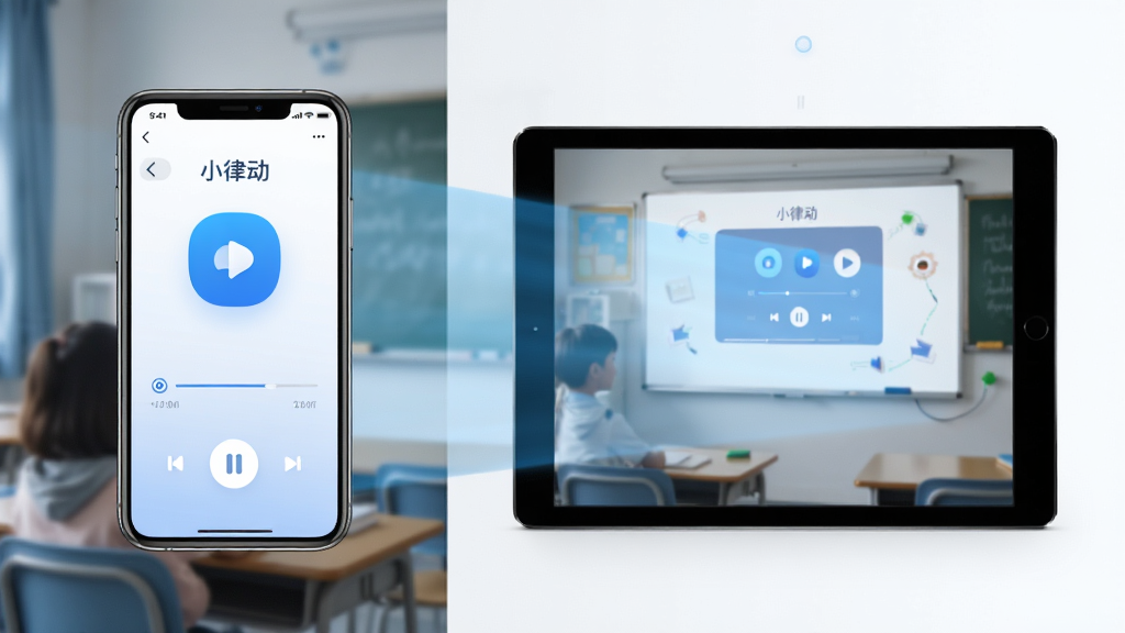 小律动多设备使用场景图,画面分为左右两部分,左侧为手机竖屏显示小律动播放界面,右侧为平板横屏显示相同界面投影到教室白板,布局为对比展示,风格为写实科技风,色彩以蓝白为主,细节包括设备边框、投影光线、界面同步元素,画质清晰,画面干净,无多余元素。