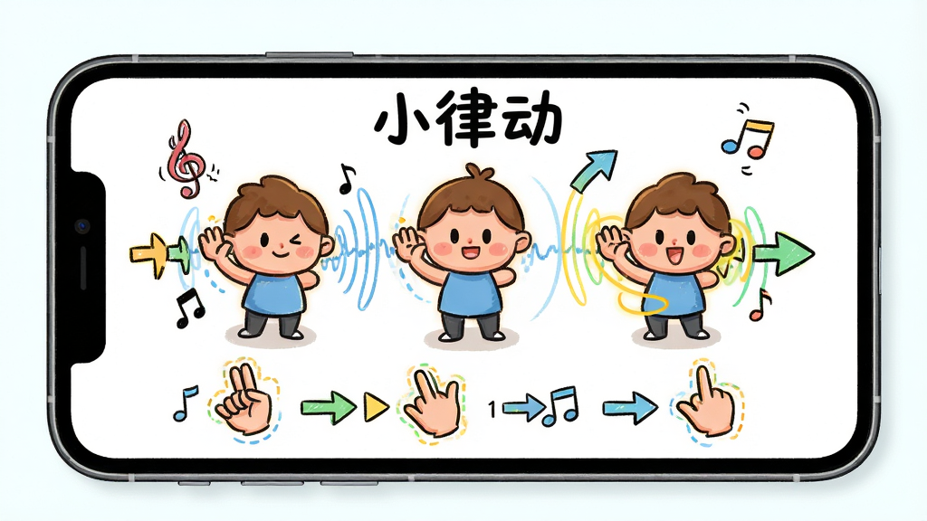 小律动节奏引导功能展示图,画面中央为手机横屏界面,屏幕内显示卡通角色正在做手势动作,旁边有节拍波纹和箭头指引,布局为上下结构,上方为曲名“小律动”,下方为动作分解步骤,风格为卡通手绘风,色彩明亮,细节包括动态音符、高亮节拍点、手势轮廓线,画质高清,画面干净,无多余元素。