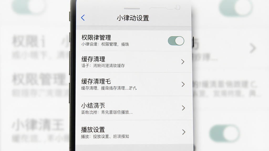 小律动软件设置界面截图,画面主体为手机屏幕,屏幕内显示权限管理、缓存清理、播放设置等选项列表,布局为纵向列表结构,上方有标题“小律动设置”,风格为简约扁平化,色彩以白灰为主,细节包括开关按钮、箭头图标、文字说明,画质清晰,画面干净,无多余元素。