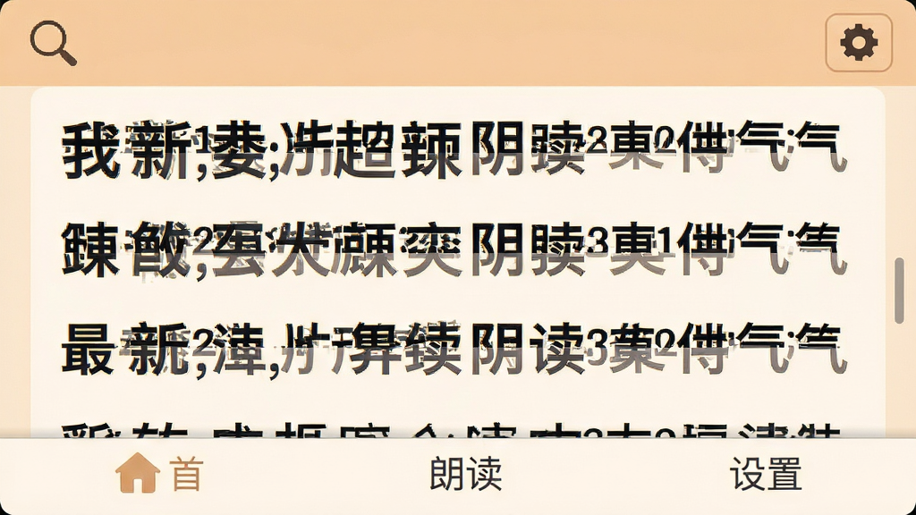 必备大字版软件主界面截图,展示超大字体显示的新闻资讯列表,界面简洁清晰,顶部有放大镜图标和设置按钮,底部导航栏包含首页、朗读、设置等选项,整体色调温馨柔和,适合中老年用户使用,画质清晰,干净无多余元素
