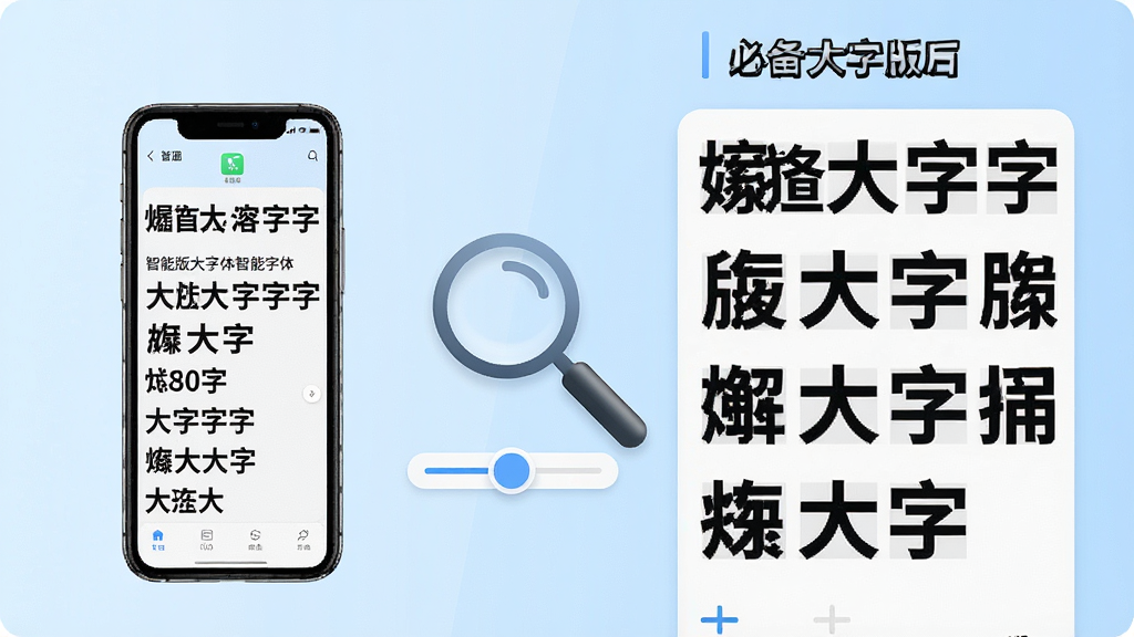 展示必备大字版智能字体放大功能的对比图,左侧为普通手机显示的小字体界面,右侧为必备大字版放大后的超大清晰字体界面,画面中间有一个醒目的放大镜图标和调节滑块,背景为浅蓝色渐变,风格简洁现代,画质高清,文字边缘锐利,无多余装饰元素