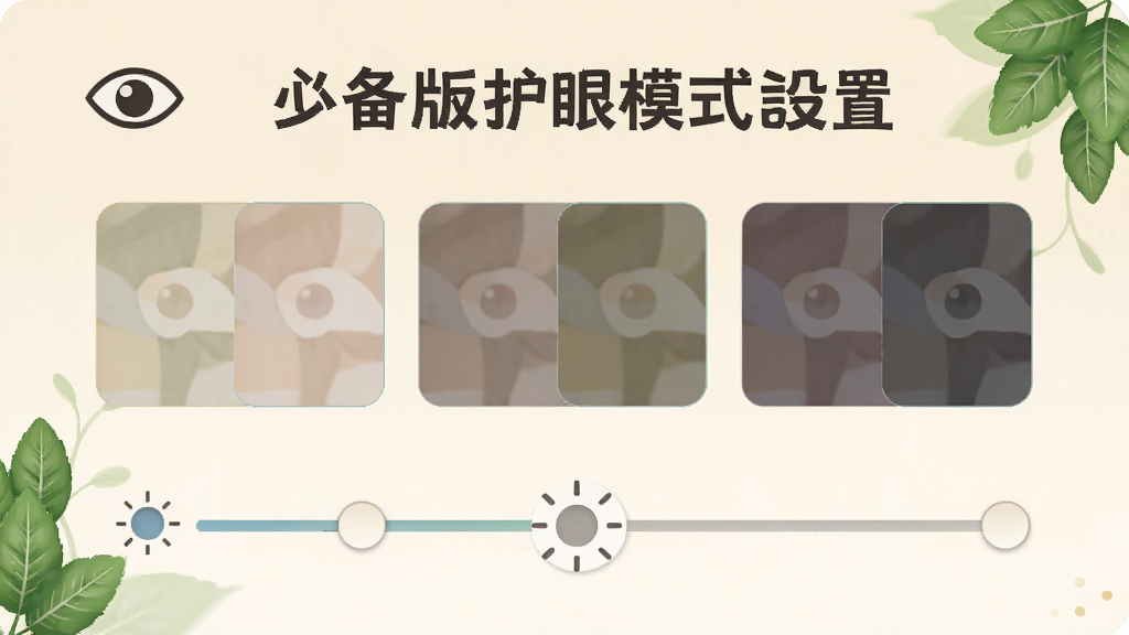 必备大字版护眼模式设置界面,展示多种背景颜色选项和亮度调节滑块,界面中有眼睛图标和绿叶元素点缀,背景为柔和的米黄色,风格清新自然,画质细腻,布局整洁无杂乱