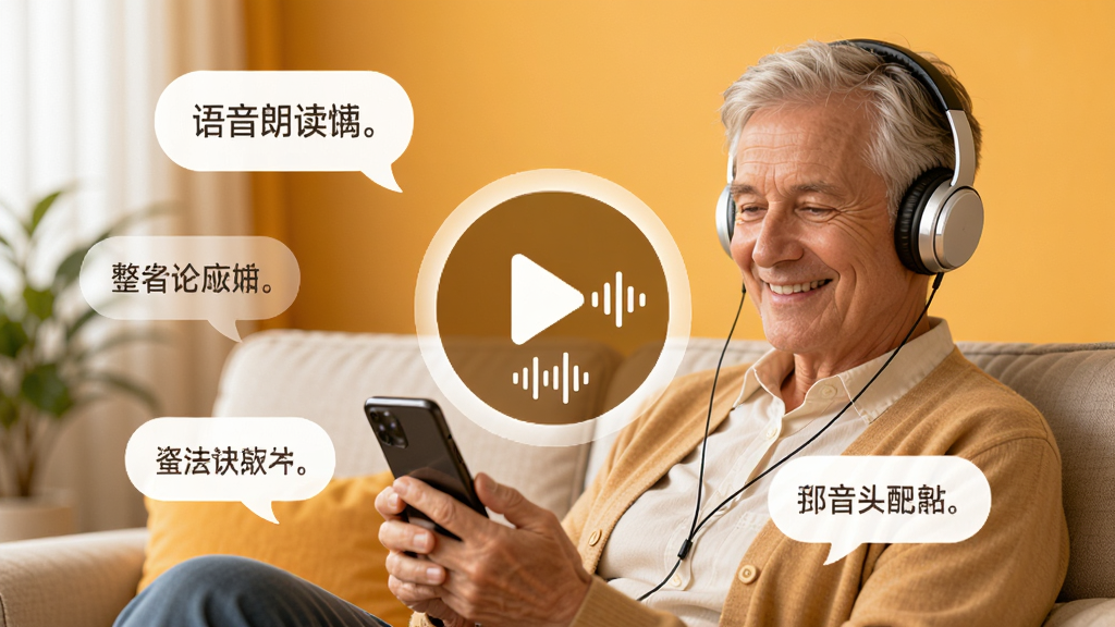 必备大字版语音朗读功能界面展示,画面中央是一个醒目的播放按钮和声波图标,周围环绕着文字气泡,背景为温暖的橙黄色调,一位微笑的中老年用户戴着耳机在沙发上使用手机,整体氛围轻松愉悦,画质清晰,构图干净