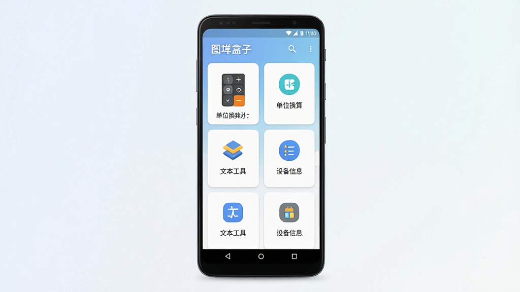 一张展示图灵盒子手机应用主界面的预览图,画面中央是一部竖屏安卓手机,手机屏幕上显示图灵盒子软件首页,首页采用卡片式布局,排列着计算器、单位换算、文本工具、设备信息等多个功能图标,背景为干净的浅色渐变,整体风格简洁现代,画质清晰,无多余元素