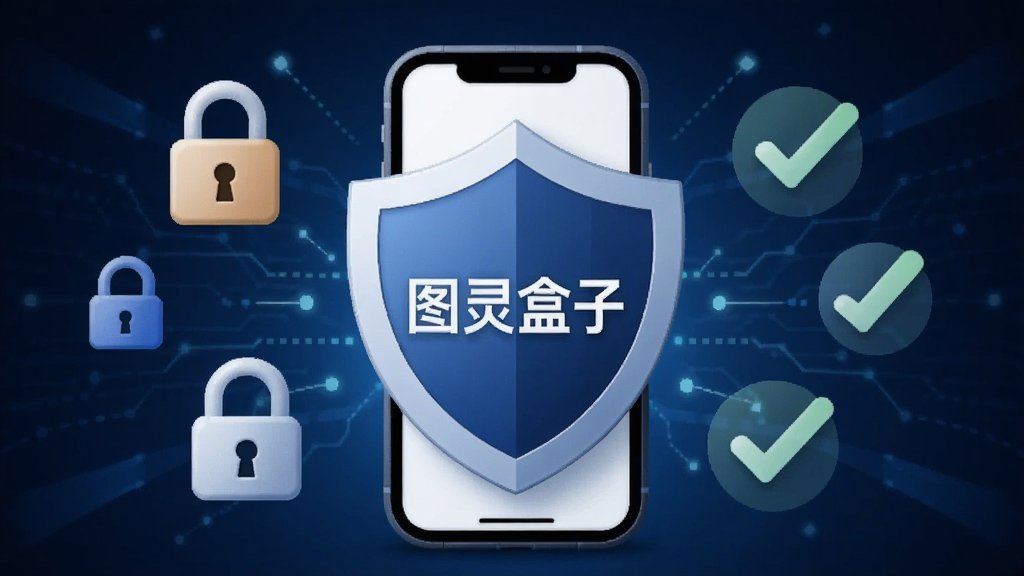 一张图灵盒子隐私安全主题图,画面中央是一个盾牌图标与手机结合的形象,盾牌上写有图灵盒子字样,周围环绕着锁、勾选标记等象征安全的元素,背景为深蓝色科技感渐变,风格简洁商务,画质清晰,无多余元素